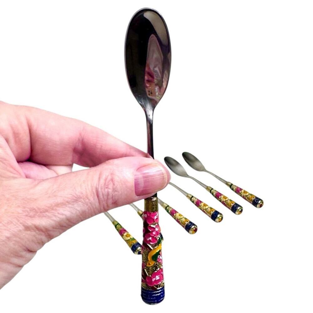 Vintage Set (7) Small Spoons Enamel Floral Handles Korean Souvenir Boho Retro